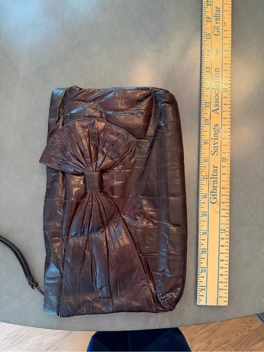 Vintage Eel Skin Leather Bow Clutch Brown Wristlet Purse 80s